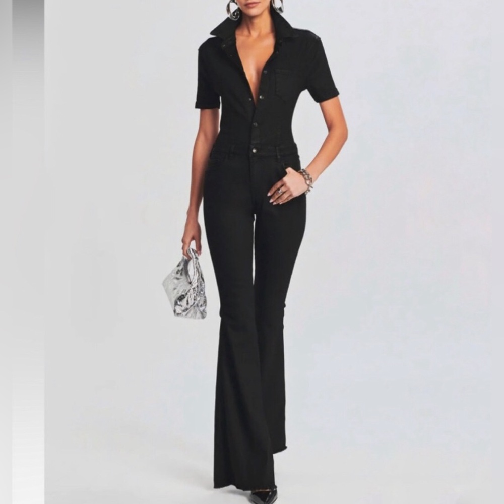 NWT SER.O.YA Lyla Coated Black Denim Backless Wide Leg Jumpsuit Black Size L